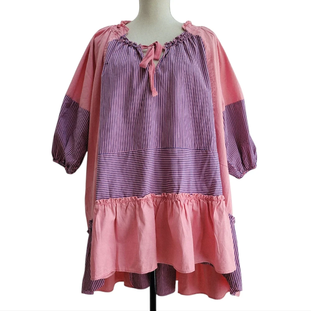 Free People Keegan Oversized‎ Tunic Dress Pink With Stripes Size XS
